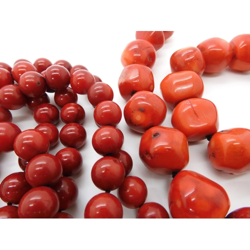 584 - Two coral necklaces, the large beads, approx 18mm diameter each bead, length 48.5cm, round beads app... 