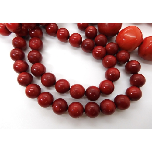 584 - Two coral necklaces, the large beads, approx 18mm diameter each bead, length 48.5cm, round beads app... 