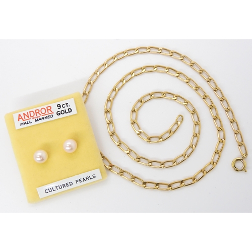 608 - A continental curb chain, with continental markings, length 50cm together with a pair of 9ct gold pe... 