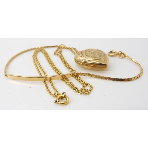 609 - A 9ct gold heart shaped locket together with a 9ct chain, and 9ct identity bracelet, weight together... 