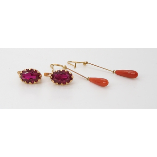 610 - *WITHDRAWN* A pair of 9ct gold coral drop earrings, weight 1.9gms, together with a pair of yellow me... 