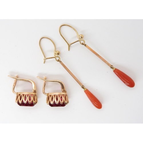 610 - *WITHDRAWN* A pair of 9ct gold coral drop earrings, weight 1.9gms, together with a pair of yellow me... 