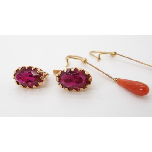 610 - *WITHDRAWN* A pair of 9ct gold coral drop earrings, weight 1.9gms, together with a pair of yellow me... 