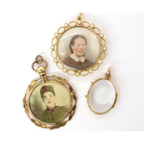 612 - A 9ct gold pearl set mourning locket with hand coloured photo and hair panel under glazed panel, tog... 