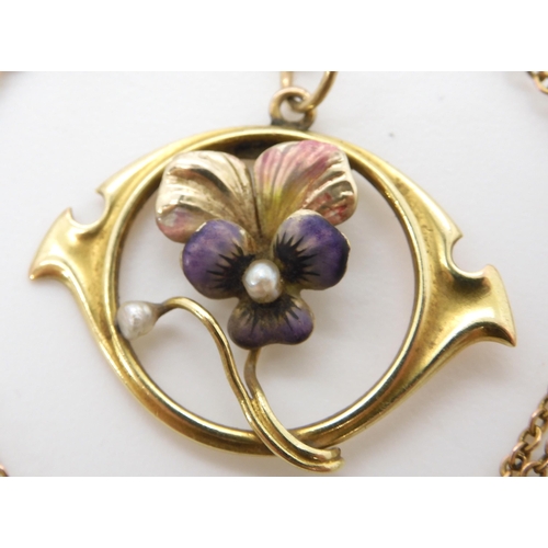 622 - A yellow metal and enamel Art Nouveau pansy flower pendant set with fresh water pearls, dimensions 2... 