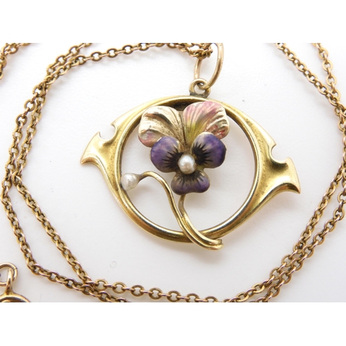 622 - A yellow metal and enamel Art Nouveau pansy flower pendant set with fresh water pearls, dimensions 2... 