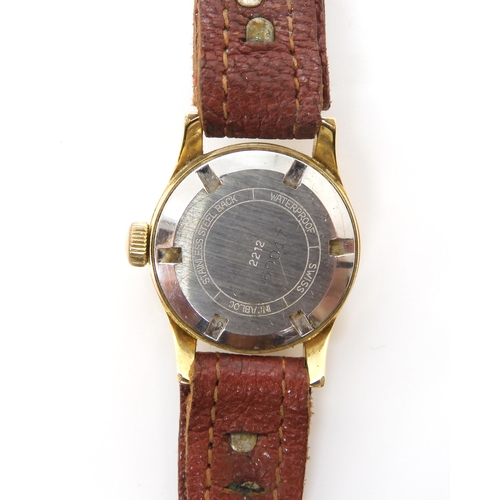 623 - A gold plated Baume & Mercier ladies watch with brown leather strap