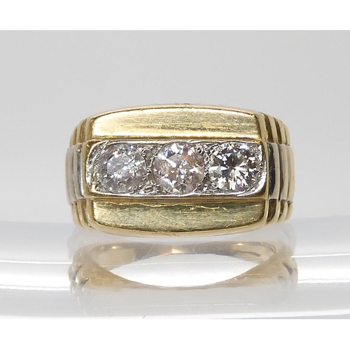 629 - A 9ct gold gents three stone diamond ring set with estimated approx 1.50cts of brilliant cut diamond... 