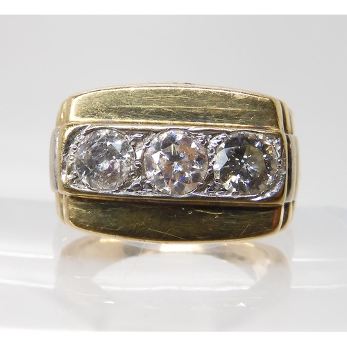 629 - A 9ct gold gents three stone diamond ring set with estimated approx 1.50cts of brilliant cut diamond... 