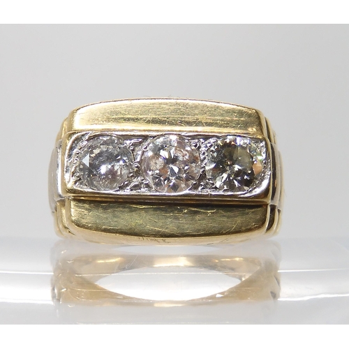 629 - A 9ct gold gents three stone diamond ring set with estimated approx 1.50cts of brilliant cut diamond... 