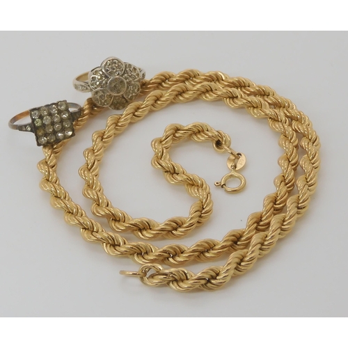 631 - A 9ct gold rope chain, length 45.5cm, together with two 9ct and silver gem set vintage rings, weight... 