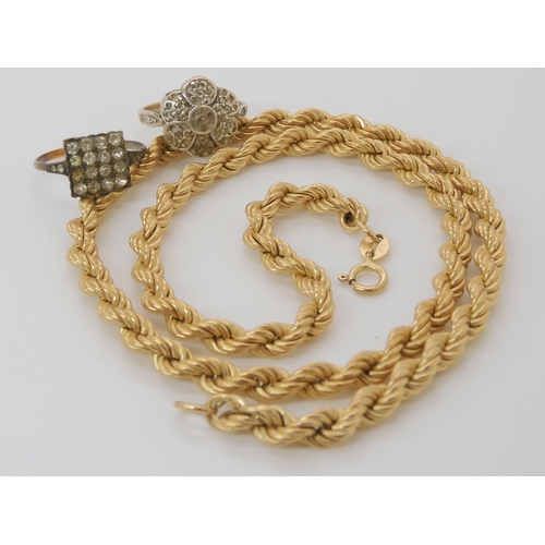 631 - A 9ct gold rope chain, length 45.5cm, together with two 9ct and silver gem set vintage rings, weight... 