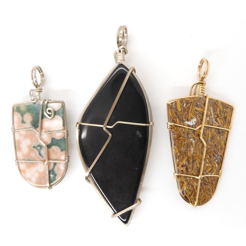 641 - Three American silver and gold plated wire wrapped mineral pendants to include marine jasper, and tw... 