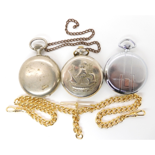 648 - A Russian pocket watch with a sailing ship verso, an Art Deco 'Services' pocket watch and a Hebdomas... 