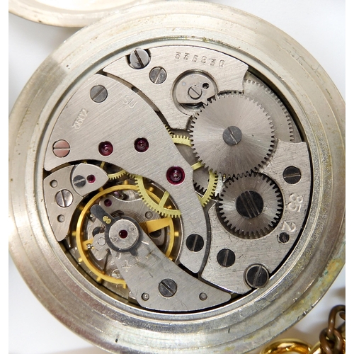 648 - A Russian pocket watch with a sailing ship verso, an Art Deco 'Services' pocket watch and a Hebdomas... 