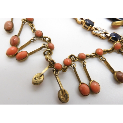 651 - A centurion carved intaglio citrine, a silver gilt coral fringe necklace, a hand painted cat miniatu... 