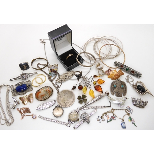 654 - A silver Maria Theresia 1780 coin, a silver mandolin brooch, and a collection of silver and costume ... 