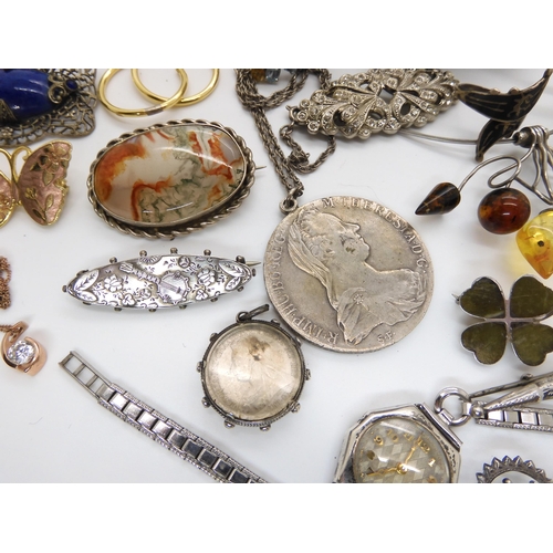 654 - A silver Maria Theresia 1780 coin, a silver mandolin brooch, and a collection of silver and costume ... 