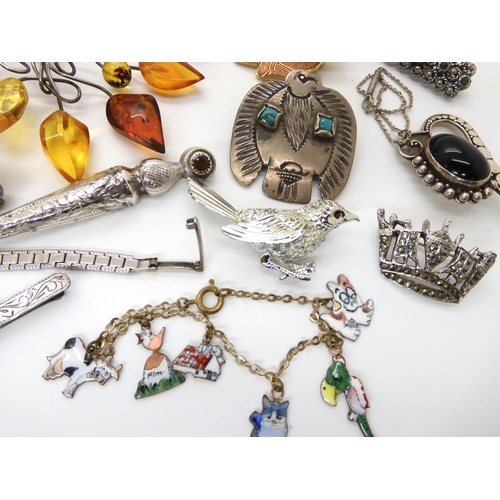 654 - A silver Maria Theresia 1780 coin, a silver mandolin brooch, and a collection of silver and costume ... 