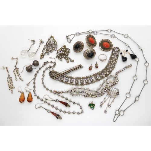 655 - A collection of silver and costume jewellery to include a pair of Art Deco earrings, diamante etc