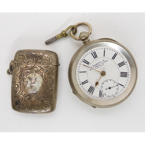 662 - A continental silver open face pocket watch retailed by H.Samuels and a silver vesta case