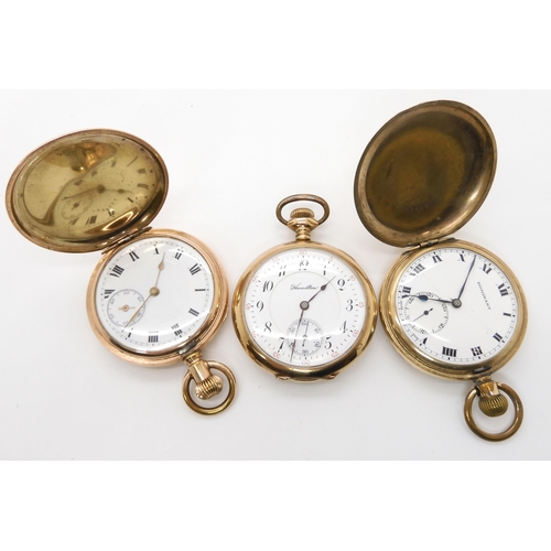 670 - Three gold plated pocket watches, to include Hamilton Double Roller, Lanville and Dominant