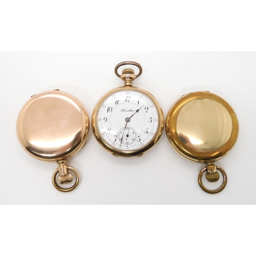 670 - Three gold plated pocket watches, to include Hamilton Double Roller, Lanville and Dominant