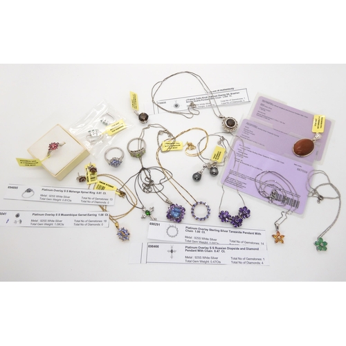 679 - A collection of silver Gems TV gem set jewellery to include pink spinel, tanzanite and a Russian dio... 