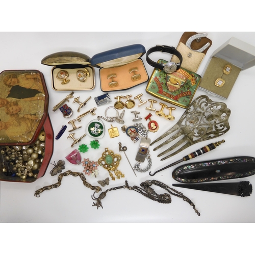 686 - A decorative white metal fob chain, and a collection of costume jewellery to include cufflinks and t... 