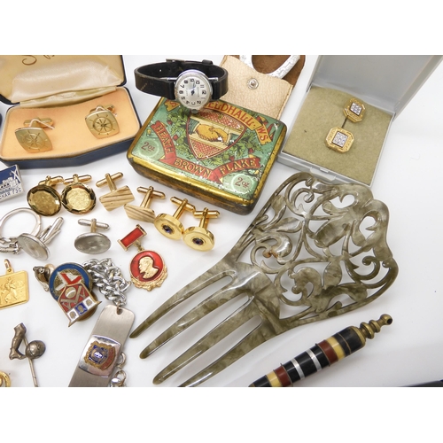 686 - A decorative white metal fob chain, and a collection of costume jewellery to include cufflinks and t... 