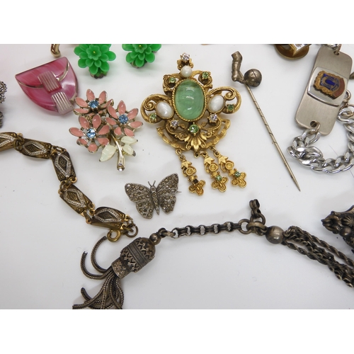 686 - A decorative white metal fob chain, and a collection of costume jewellery to include cufflinks and t... 