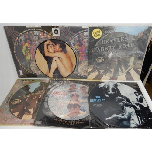 488 - A lot of The Beatles and John Lennon picture disc vinyl records to include Interview 80 the DJ Andy ... 