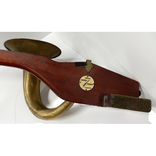 497 - A phonofiddle by A. T. Howson, London. Made of wood with curved brass horn with a flared bell attach... 