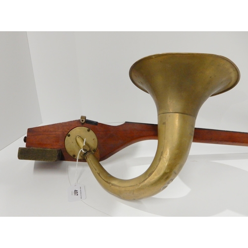 497 - A phonofiddle by A. T. Howson, London. Made of wood with curved brass horn with a flared bell attach... 