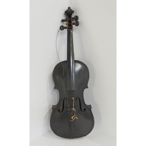 499A - A one piece back violin 36cm with a bow, wooden case and ceramic resin holder by R.R. Shields Manche... 