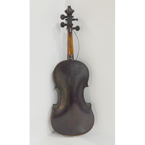 499A - A one piece back violin 36cm with a bow, wooden case and ceramic resin holder by R.R. Shields Manche... 