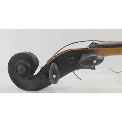 499A - A one piece back violin 36cm with a bow, wooden case and ceramic resin holder by R.R. Shields Manche... 