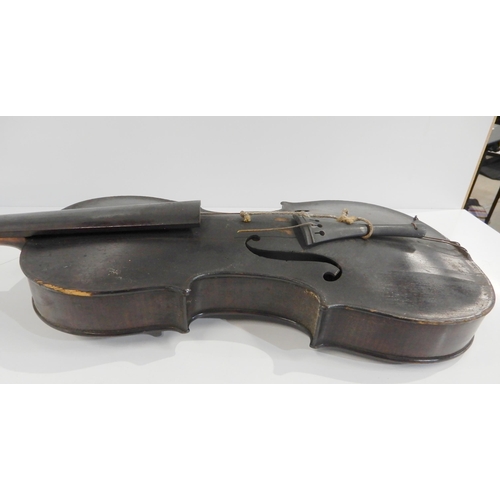 499A - A one piece back violin 36cm with a bow, wooden case and ceramic resin holder by R.R. Shields Manche... 