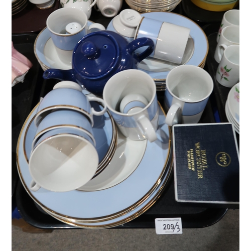 209 - A Noritake Blue Moon pattern part tea service, a Grays pottery sugar jar, Royal Doulton blue and gil... 