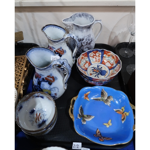 212 - A Noritake butterfly dish, a pair of antique transfer printed pitchers and bowls, another pitcher, t... 