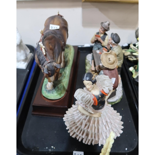 215 - A Hereford china model of a shire horse on a rectangular base, a continental model of card players, ... 