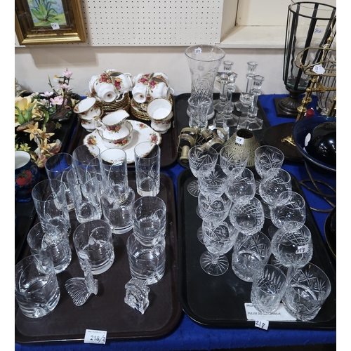 218 - A selection of cut glass and crystal including whisky glasses, moulded & cut tumblers,  candlest... 