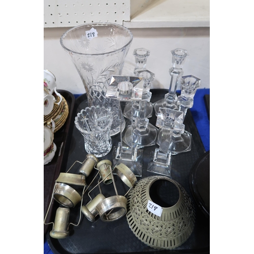 218 - A selection of cut glass and crystal including whisky glasses, moulded & cut tumblers,  candlest... 