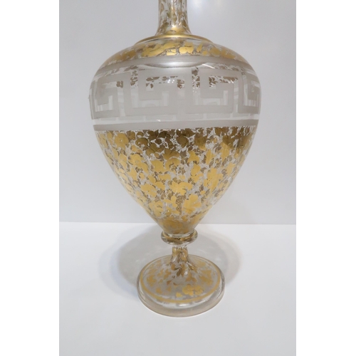 228 - A large Bohemian gilt decorated glass vase with central etched Greek key pattern band