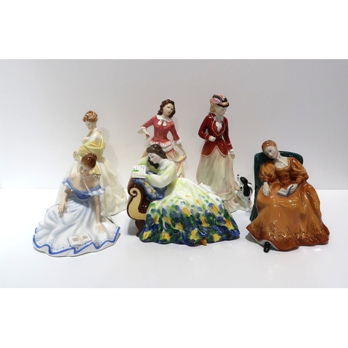 229 - Royal Doulton figures Romance, Marjorie, Solitude, Sarah & Susan, Royal Worcester figure First D... 