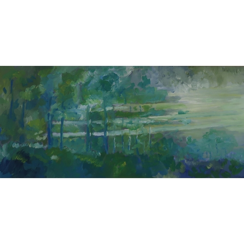 944 - JOE KELLY (BRITISH CONTEMPORARY)TREE LINE Oil on board, 18 x 55cm Title and date (20)04 inscribed ve... 