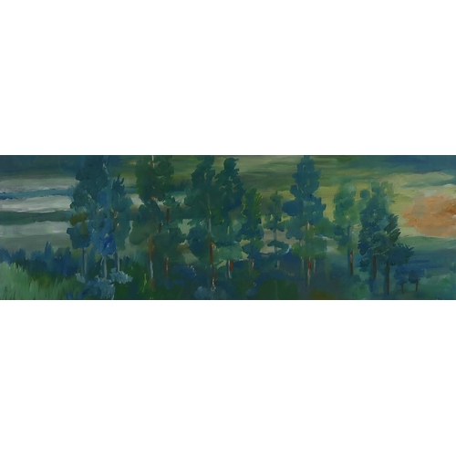 944 - JOE KELLY (BRITISH CONTEMPORARY)TREE LINE Oil on board, 18 x 55cm Title and date (20)04 inscribed ve... 