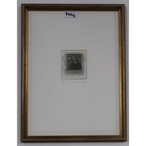 947 - LESLEY HAY MILLER (BRITISH CONTEMPORARY) THINK AGAIN Etching with collage and ink, signed ... 