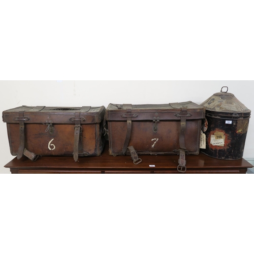 122 - A lot of two leather travel trunks and a metal hat box (3)