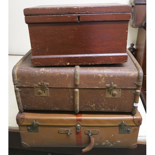 131 - A wood bound travel trunk, painted pine box and a travel trunk (3)